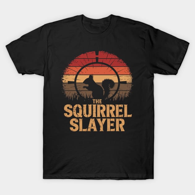 Black T-shirt with "The Squirrel Slayer" design, featuring vintage sunset and silhouette graphic, casual wear.