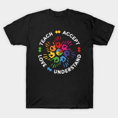 Black T-shirt with colorful handprint design and positive words, cotton material, unisex casual wear.