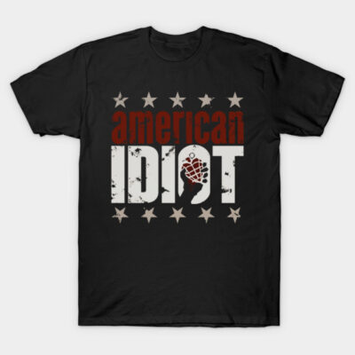 Black "American Idiot" graphic t-shirt with star pattern, casual style, cotton material, ideal for music fans.