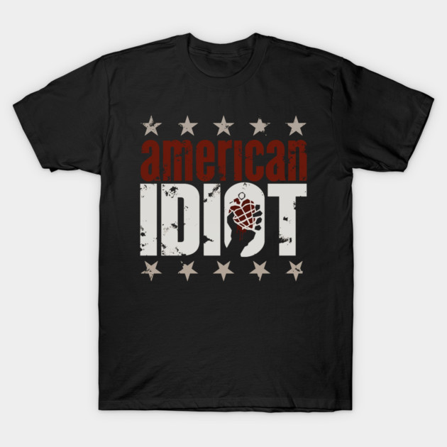Black "American Idiot" graphic t-shirt with star pattern, casual style, cotton material, ideal for music fans.