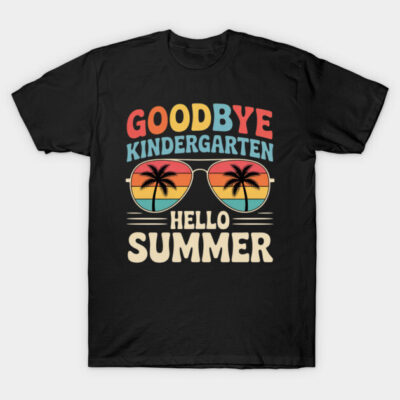 Black t-shirt with colorful "Goodbye Kindergarten Hello Summer" print, featuring palm trees in sunglasses design.