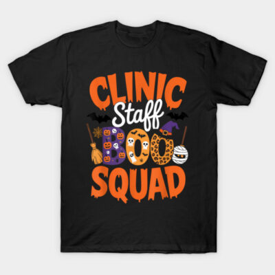 Black Halloween-themed t-shirt with "Clinic Staff Boo Squad" text and spooky graphics, perfect for festive occasions.