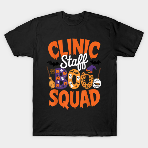 Black Halloween-themed t-shirt with "Clinic Staff Boo Squad" text and spooky graphics, perfect for festive occasions.