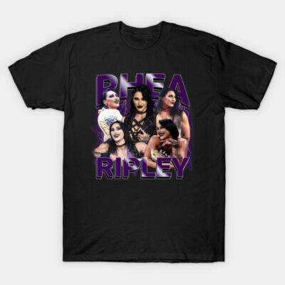 "Black graphic t-shirt with purple text and collage design, ideal for casual wear and fan merchandise collection."