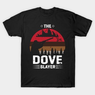 Black "The Dove Slayer" t-shirt with hunter graphic, vintage style, ideal for casual wear or outdoor enthusiasts.