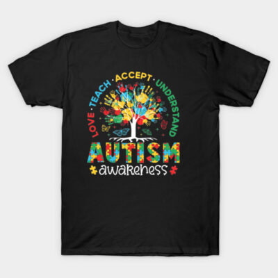 Black Autism Awareness T-shirt with colorful tree design and puzzle pieces, promoting inclusivity and understanding.