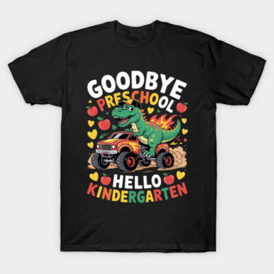 Black kids' T-shirt with playful dinosaur and truck design, "Goodbye Preschool, Hello Kindergarten" text. Fun school outfit.