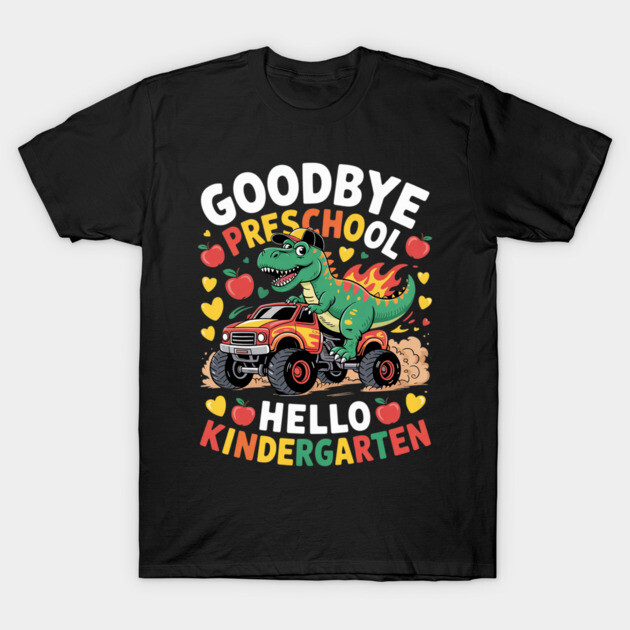 Black kids' T-shirt with playful dinosaur and truck design, "Goodbye Preschool, Hello Kindergarten" text. Fun school outfit.