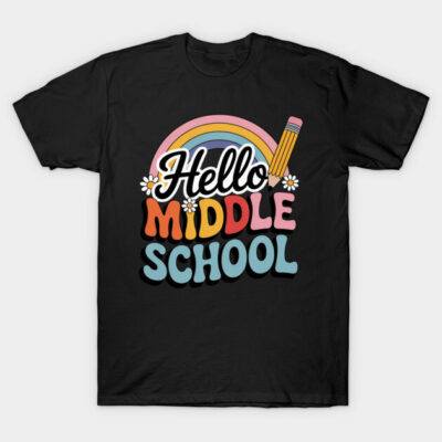 Black t-shirt with "Hello Middle School" graphic, colorful rainbow and pencil design, casual back-to-school wear.