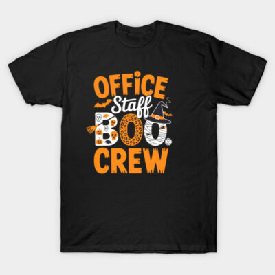 Black Halloween-themed t-shirt with "Office Staff Boo Crew" text, featuring orange and white spooky design elements.