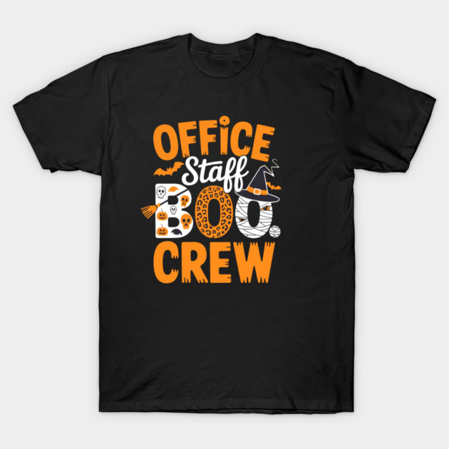 Black Halloween-themed t-shirt with "Office Staff Boo Crew" text, featuring orange and white spooky design elements.