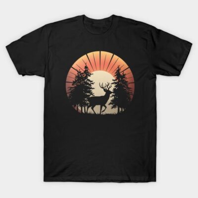 Black t-shirt with sunset and deer silhouette design, cotton material, casual outdoor style, unisex.