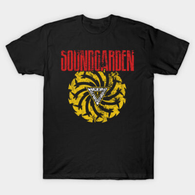 Black graphic t-shirt with red and yellow spiral design, cotton material, casual unisex style, ideal for music fans.