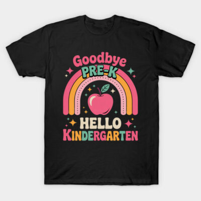 Black t-shirt with colorful "Goodbye Pre-K, Hello Kindergarten" text and rainbow design, perfect for school transitions.