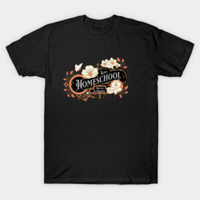 Black t-shirt with "Rebel Homeschool" floral design, casual style, cotton material, perfect for everyday wear.