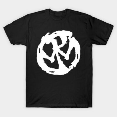 Black t-shirt with white abstract logo design, casual style, made from 100% cotton, perfect for daily wear.