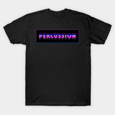Black t-shirt with "Percussion" graphic in neon colors, casual style, perfect for music enthusiasts. 100% cotton material.