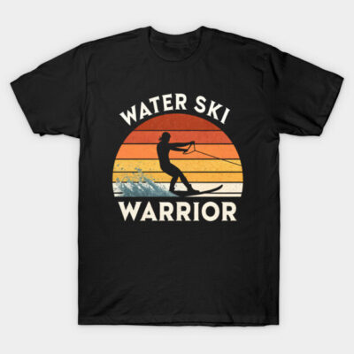 Black "Water Ski Warrior" T-shirt with retro sunset design, ideal for water sports enthusiasts, 100% cotton.