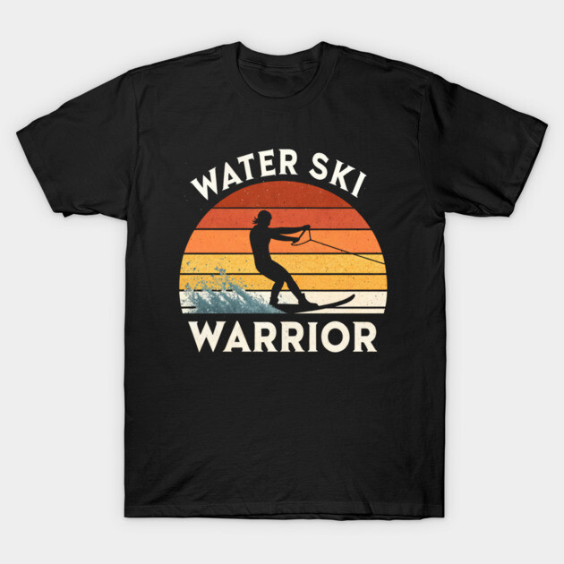 Black "Water Ski Warrior" T-shirt with retro sunset design, ideal for water sports enthusiasts, 100% cotton.