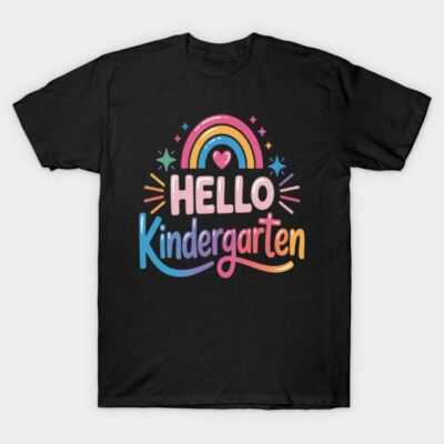 Black T-shirt with colorful "Hello Kindergarten" rainbow design, perfect for back-to-school wear.