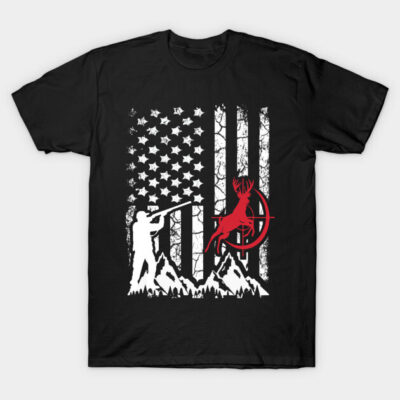 Black graphic T-shirt with American flag, hunter, and deer design. Casual wear, 100% cotton, perfect for outdoor enthusiasts.