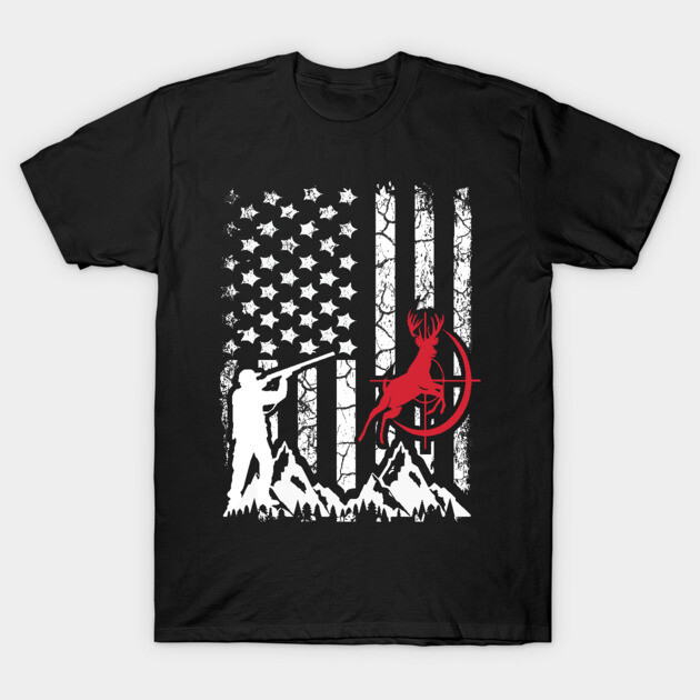 Black graphic T-shirt with American flag, hunter, and deer design. Casual wear, 100% cotton, perfect for outdoor enthusiasts.