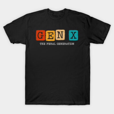 "Black Gen X T-shirt with colorful block letters, casual style, cotton material, perfect for everyday wear."