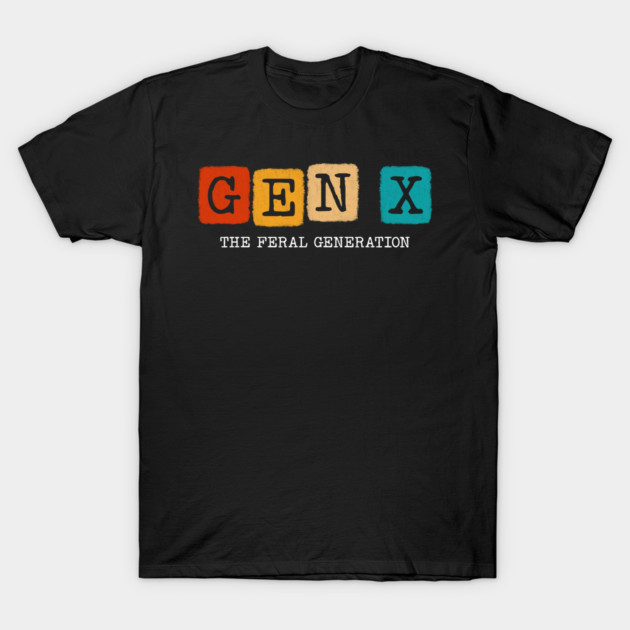 "Black Gen X T-shirt with colorful block letters, casual style, cotton material, perfect for everyday wear."
