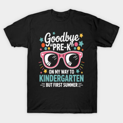 Black "Goodbye Pre-K" t-shirt with colorful text and graphics, perfect for kids transitioning to kindergarten.