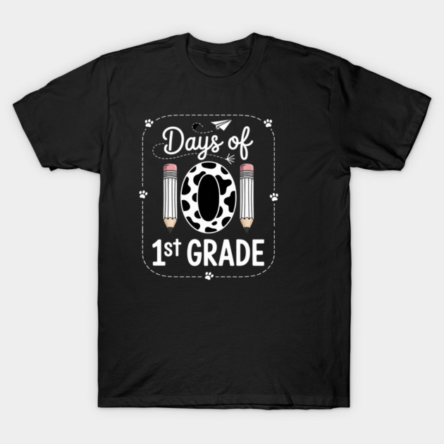 Black 100 Days of 1st Grade T-shirt with cow print design and pencils, perfect for school celebrations.