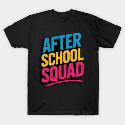 Black t-shirt with "After School Squad" in bold blue, yellow, pink text. Casual style, unisex, cotton fabric.