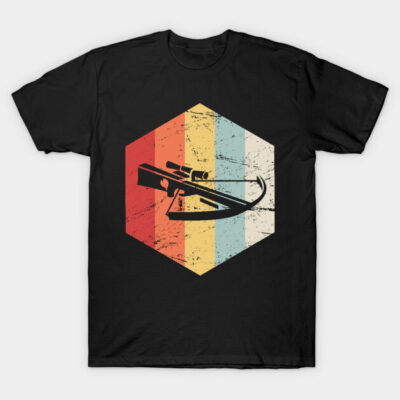 Black t-shirt featuring a vintage crossbow design with colorful stripes, perfect for casual wear and hunting enthusiasts.
