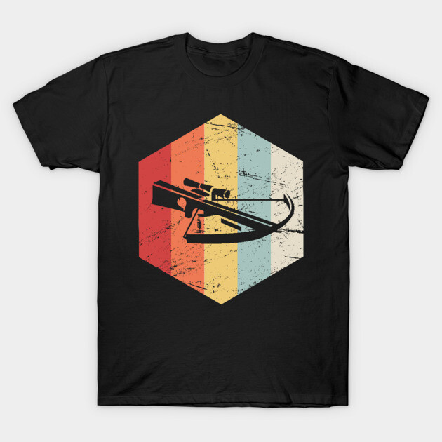 Black t-shirt featuring a vintage crossbow design with colorful stripes, perfect for casual wear and hunting enthusiasts.