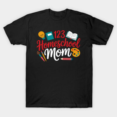Black "Homeschool Mom" T-shirt with colorful educational design, ideal for casual wear. Comfortable cotton material.