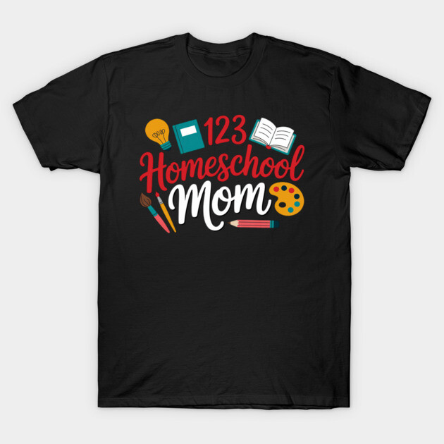 Black "Homeschool Mom" T-shirt with colorful educational design, ideal for casual wear. Comfortable cotton material.