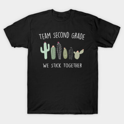 Black t-shirt with cactus design, "Team Second Grade" text, casual style, cotton material. Perfect for school events.