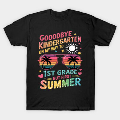 Black t-shirt with colorful "Goodbye Kindergarten" summer-themed design, palm trees and sunglasses. Perfect for kids.