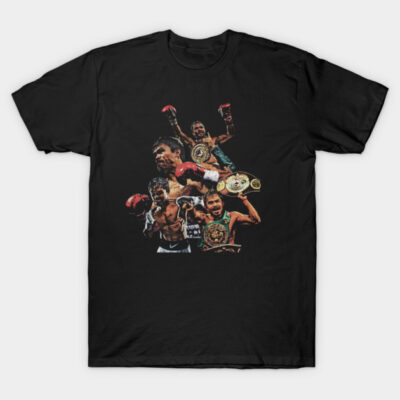 Black t-shirt with vibrant boxing champion collage, ideal for sports fans. Cotton material, casual wear style.