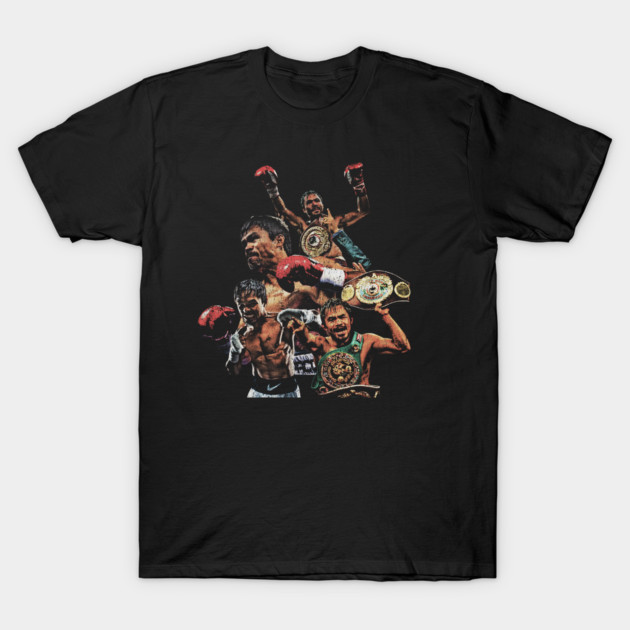 Black t-shirt with vibrant boxing champion collage, ideal for sports fans. Cotton material, casual wear style.