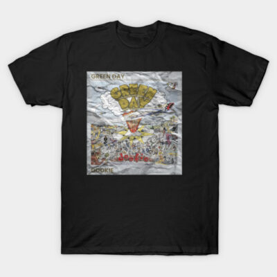 Black t-shirt with colorful graphic print, featuring album cover design. Cotton material, casual style, unisex fit.