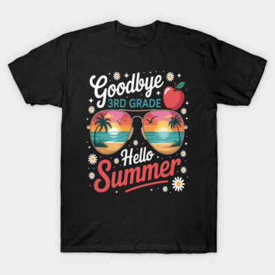 Black t-shirt with colorful "Goodbye 3rd Grade Hello Summer" print, featuring sunglasses, palm trees, and apple design.