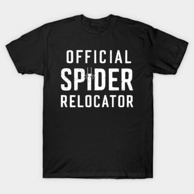 Black t-shirt with "Official Spider Relocator" text, casual style, cotton material, ideal for spider enthusiasts.
