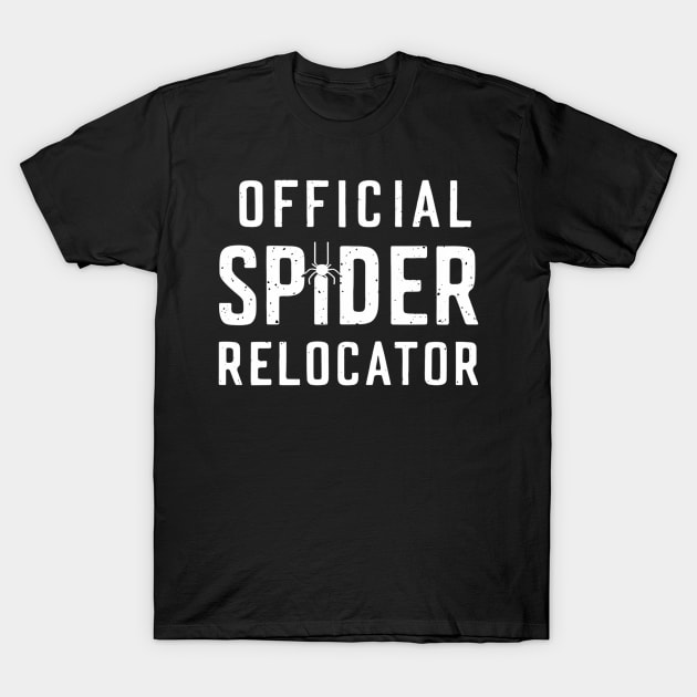 Black t-shirt with "Official Spider Relocator" text, casual style, cotton material, ideal for spider enthusiasts.