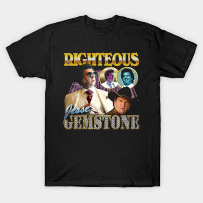 Black t-shirt featuring bold "Righteous" graphic and retro design, perfect for casual wear and fans of vintage style.