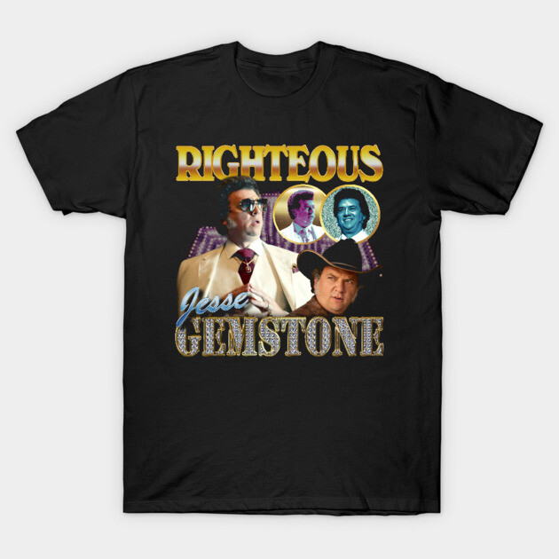 Black t-shirt featuring bold "Righteous" graphic and retro design, perfect for casual wear and fans of vintage style.