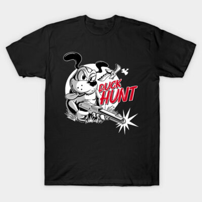 Black "Duck Hunt" graphic t-shirt featuring a cartoon design, ideal for casual wear, 100% cotton material.