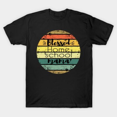 Black T-shirt with "Blessed Home School Mama" text in a retro rainbow circle design, casual style, cotton material.