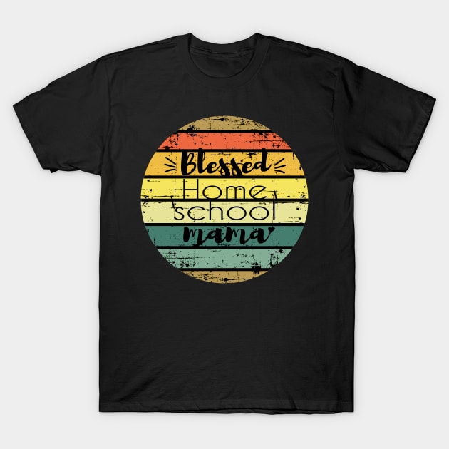 Black T-shirt with "Blessed Home School Mama" text in a retro rainbow circle design, casual style, cotton material.