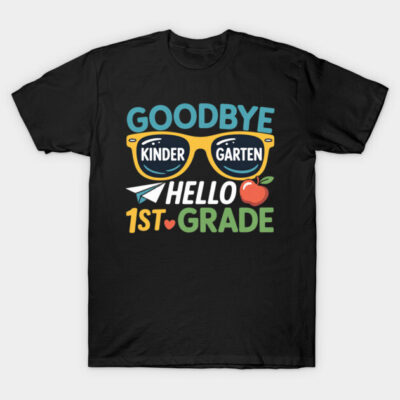 "Black t-shirt with colorful 'Goodbye Kindergarten Hello 1st Grade' design, perfect for back-to-school celebrations."