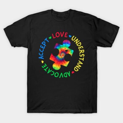 Black T-shirt with colorful tie-dye puzzle piece and words "Love, Understand, Advocate, Accept" in vibrant text.
